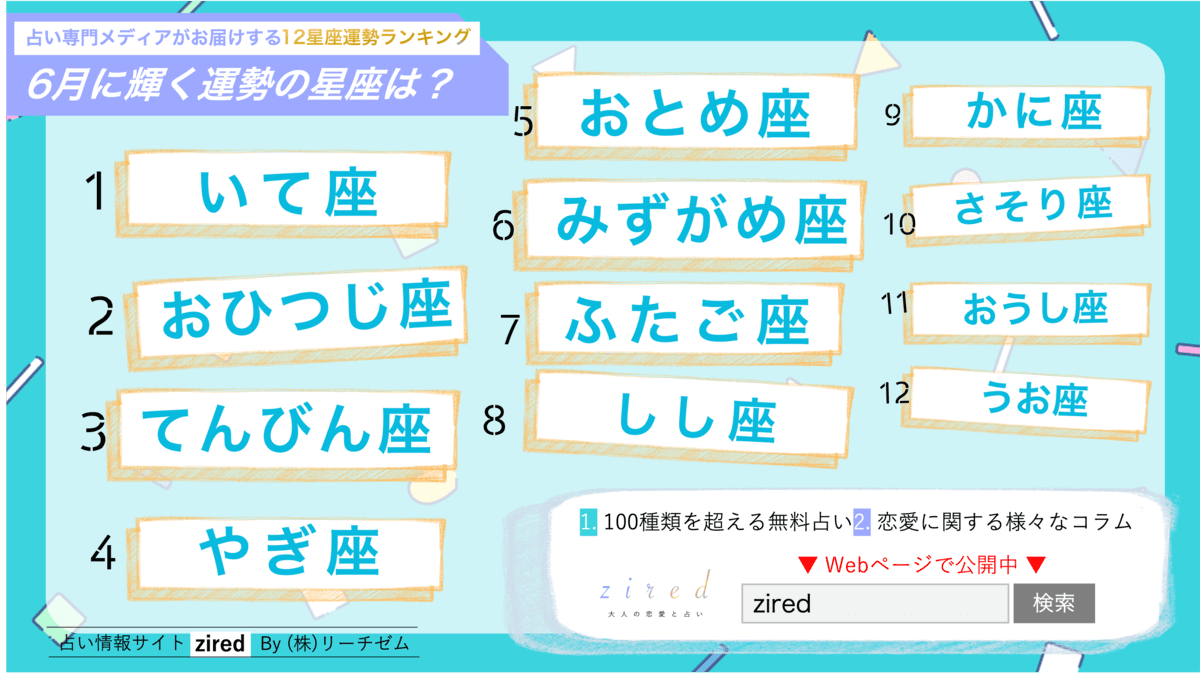 12星座で占う『6月運勢ランキング』を占いメディアのziredが発表