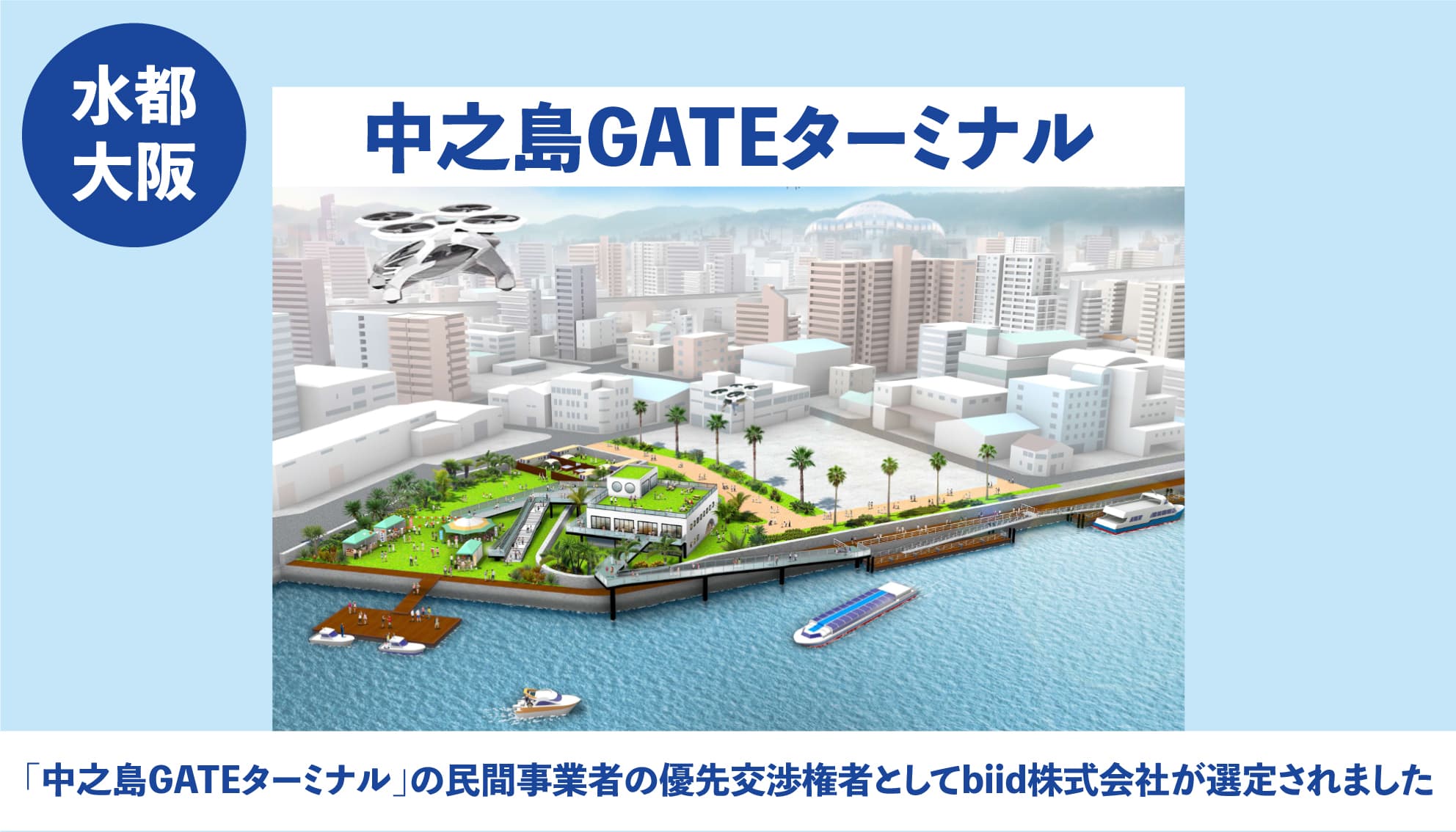 大阪府より「中之島GATEターミナル」の開発整備、管理運営を行う民間事業者の優先交渉権者としてbiid株式会社が選定。