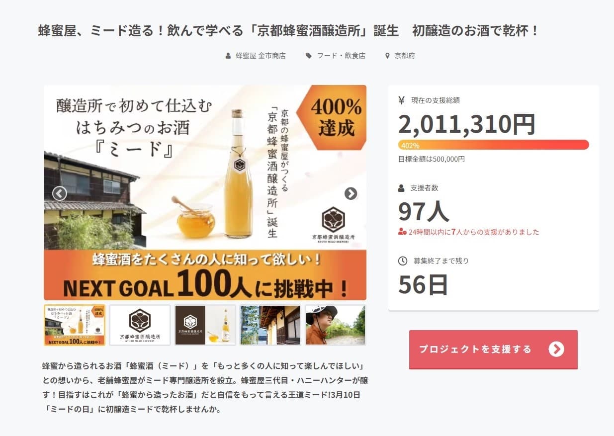 クラファン開始21分で目標金額100%達成！！ 「京都蜂蜜酒醸造所」初醸造・ハニーハンターが国産蜂蜜で醸す蜂蜜酒「The MEAD(ザ・ミード)」