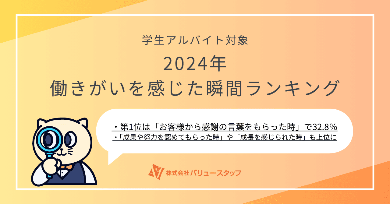 【2024総括ランキング】学生アルバイトの働きがいを感じた瞬間ランキング第1位は「お客様から感謝の言葉をもらった時」職種ごとの傾向も明らかに。