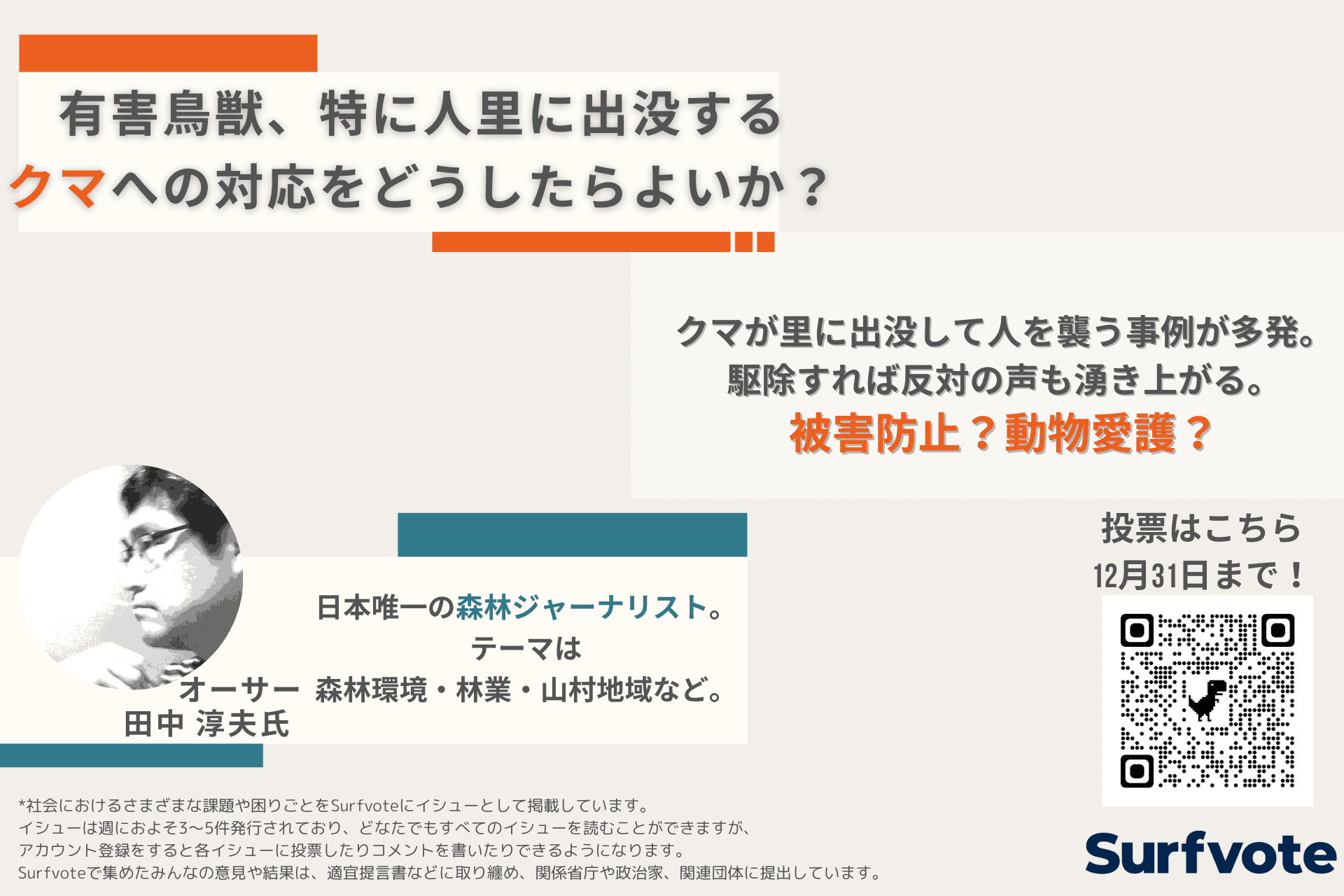 人里に出没するクマへの対応をどうしたらよいか？危険度の高いクマが里に出て人を襲う事例が増加するも、駆除すれば反対の声が湧き上がる。被害防止と動物愛護に悩まされる自治体も多く喫緊の課題に。