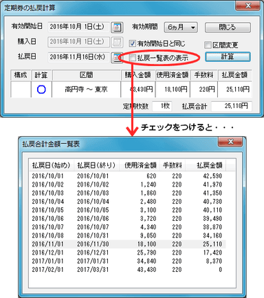 定期券払戻計算結果の一覧表のイメージ図