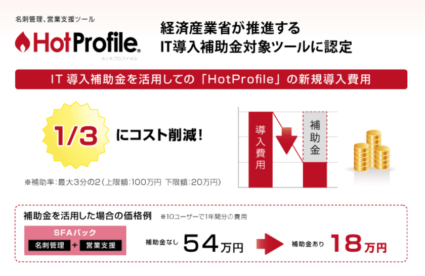 ハンモックの名刺管理、営業支援ツール「HotProfile」が、
経済産業省のサービス等生産性向上IT導入補助金
対象ツールに認定