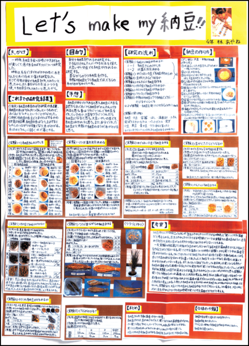 小学館の学習雑誌『小学8年生』との共催
小学生の自由研究コンテスト
「第1回夏休み宿題・自由研究大作戦大賞」受賞者決定
大賞は、納豆を稲ワラからすべて自分でつくった小学4年生
林 彩音さん(茨城県)「Let's make my 納豆!!」