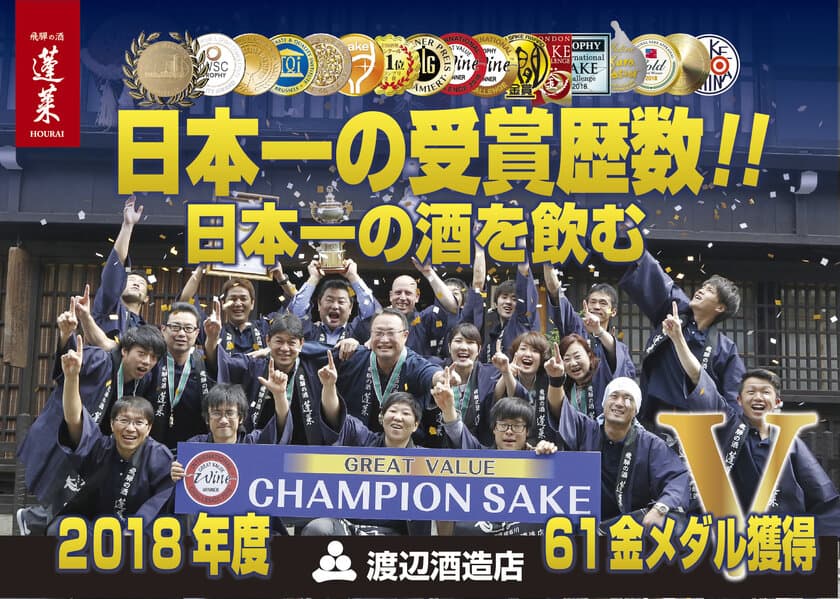 10年連続　飛騨の日本酒が世界に進出　
渡辺酒造店が日・米・欧・亜コンクール61冠達成　
2018年度 日本酒業界において最多受賞　
～渡辺酒造店が日本酒の輸出事業を本格展開～