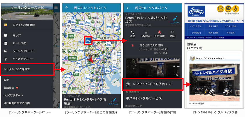 『レンタル819』と、『ツーリングサポーター』が連携　
ツーリング計画を立てながら、周辺のレンタルバイク店舗の
検索・予約が可能に