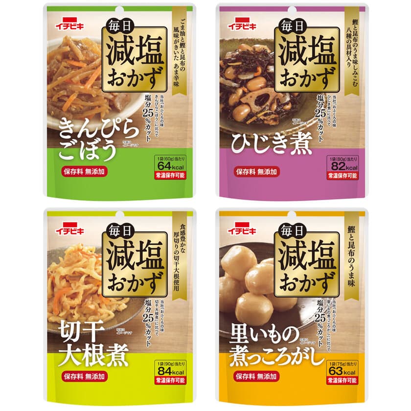 常温保存できる塩分25％カットのパウチ惣菜シリーズ
「毎日減塩おかず」4品を2019年2月20日(水)に発売！