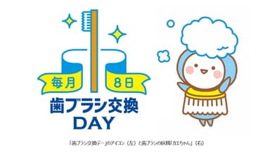 歯ブラシ交換デー」のアイコン(左)と歯ブラシの妖精「カエちゃん」(右)