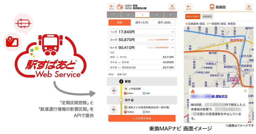 エムティーアイ「乗換MAPナビ」の新機能に
「駅すぱあと」のAPIから「定期区間控除」
「鉄道運行情報の影響区間」採用！