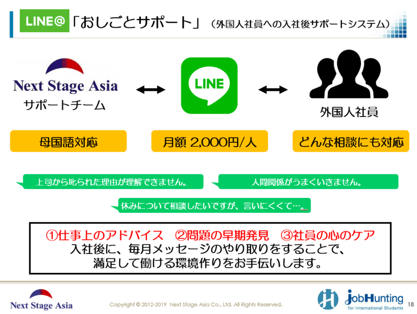 海外で現地採用面接会をサポートする
ネクストステージアジア株式会社が、
外国人社員が働き始めてからの仕事や人間関係の悩みを
LINE@でサポートする新サービス
「おしごとサポート」を2020年より開始！