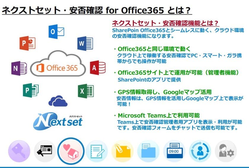 ネクストセット、Microsoft Office 365 導入企業向け
アドオンツール「安否確認機能」に
気象庁の大雨・洪水警報などに連動した
情報メール自動送信機能を追加