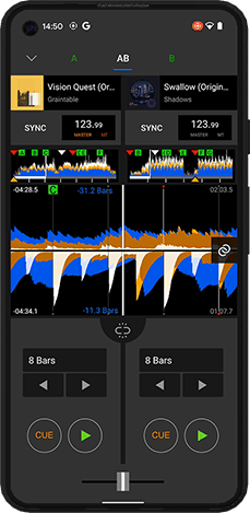 限られたモバイルの画面内でも快適で効率的なDJ準備を実現する新機能(独立A/Bデッキ)