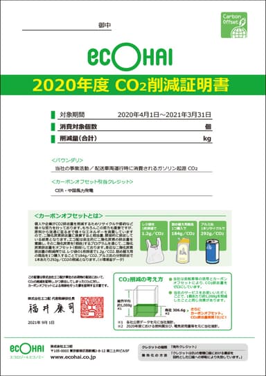 2020年度 年間CO2削減証明書