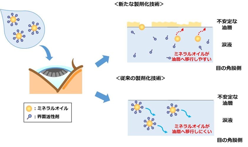 ミネラルオイルが瞳の上でベールのように広がる！
目薬の新製剤化技術を確立