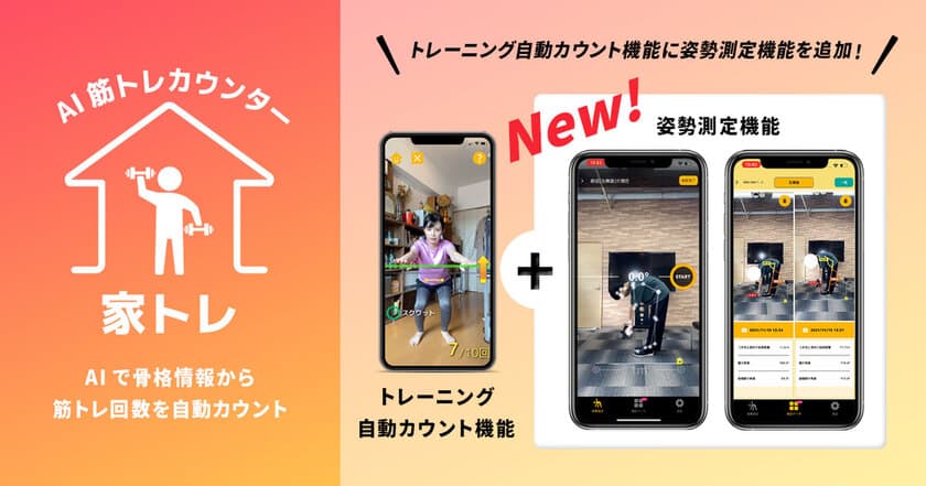 AIモーションカウンターアプリ「家トレ」に
姿勢測定機能を追加しバージョンアップ！
姿勢の歪みをスマホだけで測定可能に