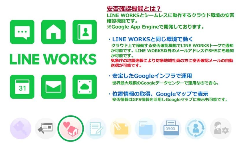 サテライトオフィス、ビジネス版LINE「LINE WORKS」
導入企業向けアドオンツール「安否確認機能」に
気象庁の大雨・洪水警報などに連動した
情報メール自動送信機能を追加