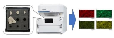 収集した軽石と独自開発の治具(左)／蛍光X線分析装置(中)／成分分析のイメージ図(右)