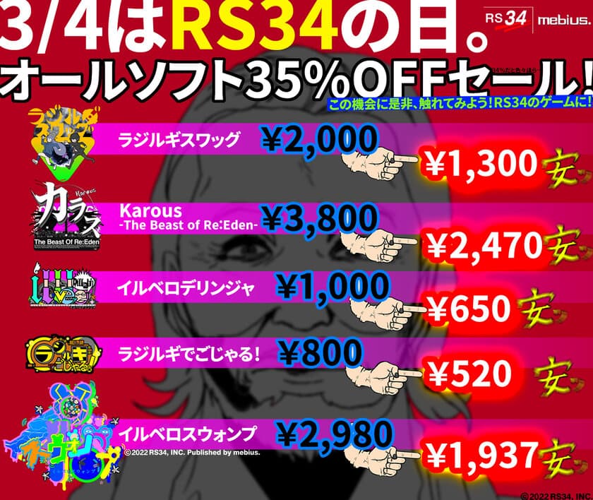 3月4日はRS34の日！
Nintendo Switch、ニンテンドー3DSダウンロードソフトの
35％OFFセールを開催