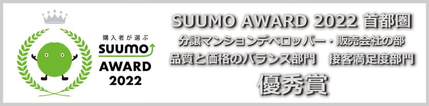 ～新築マンション購入者が選んだ 顧客満足度ランキング～　
「SUUMO AWARD」2022年首都圏版　
「品質と価格のバランス部門」「接客満足度部門」の
2部門で優秀賞を受賞