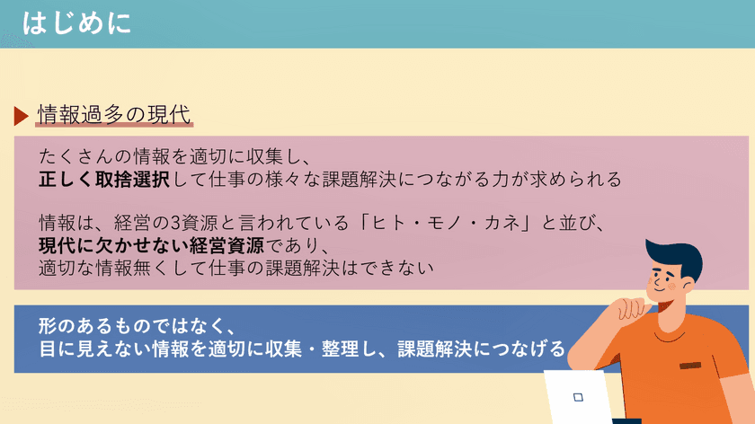 eラーニング『仕事の課題解決のために「情報収集と情報整理」』、
『受け手の納得度を高める「SDS法・PREP法」』など
6コースの提供を6月28日より開始