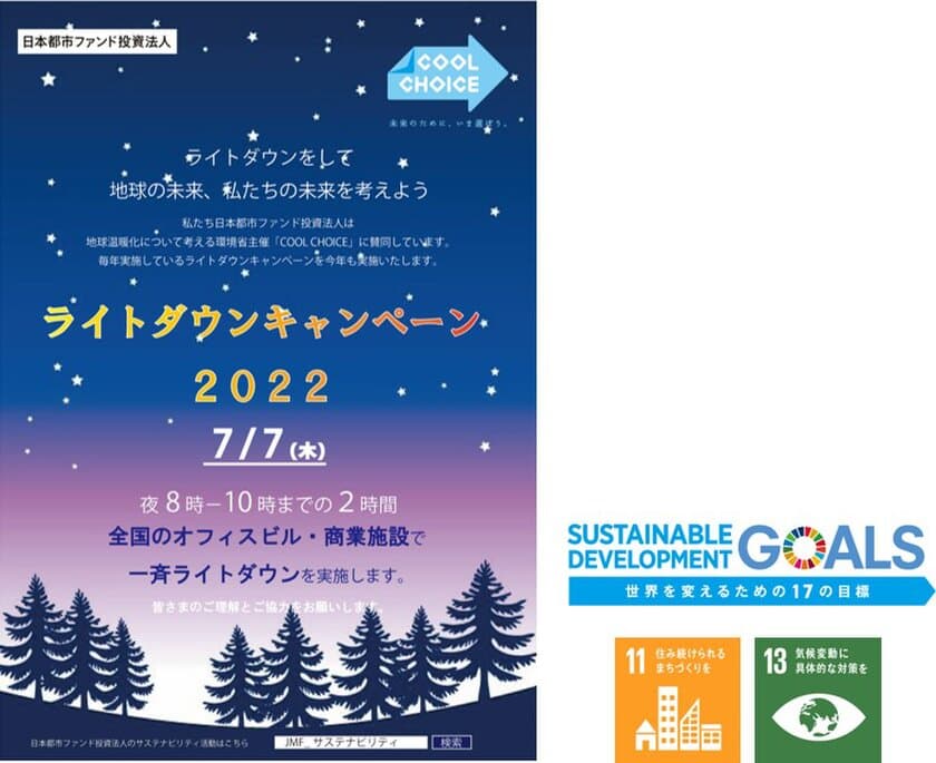 日本都市ファンド投資法人は、CO2削減、
地球温暖化防止に向けた活動に賛同し
保有32施設にて「JMFライトダウンキャンペーン」を実施