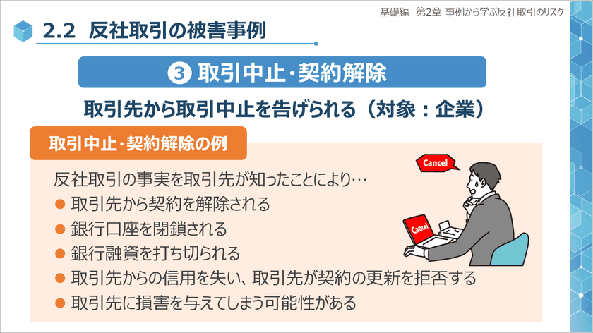 リスクモンスター、研修サービス『サイバックスUniv.』で
eラーニング「基礎から学ぶ反社取引管理(基礎編)」を提供開始！
～社員の反社リスク意識のアンテナを育てる～