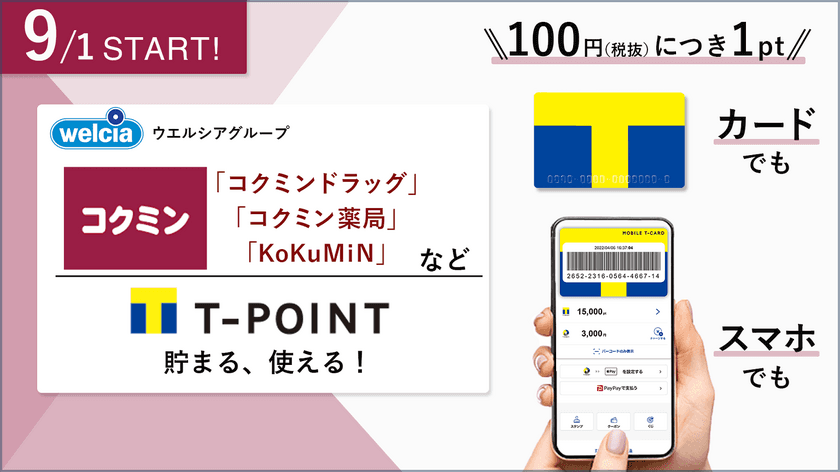 9月1日より「コクミンドラッグ」「KoKuMiN」「シルク」など
全国約170店舗でTポイントが貯まる・使える