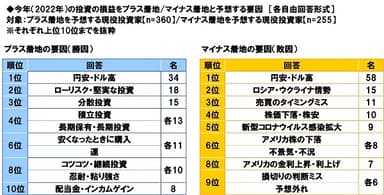 今年（2022年）の投資の損益をプラス着地/マイナス着地と予想する要因