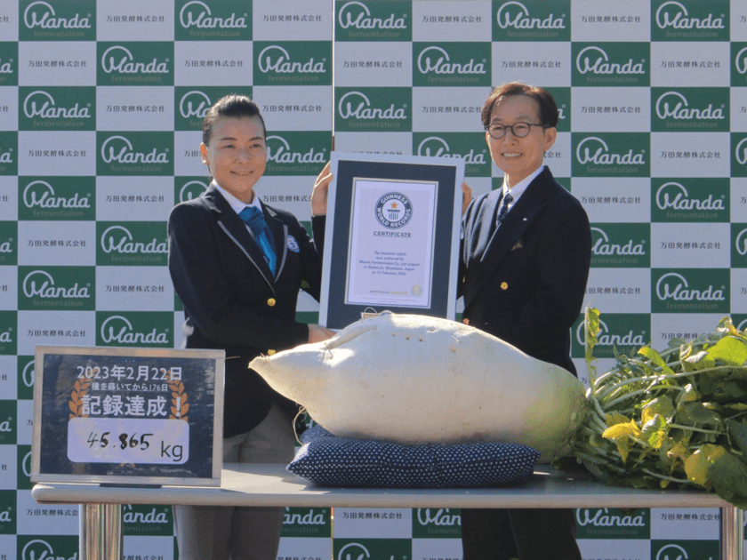 健康食品の万田発酵がギネス世界記録(TM)を達成！
植物用万田酵素で育てたジャンボ大根(45.865kg)が
「最も重い大根/Heaviest radish」に認定