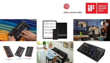 受賞製品 左から、『AIRA Compact』シリーズ、『F107』と『Roland Piano App』画面、『BRIDGE CAST』