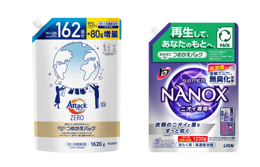 花王とライオン、使用済みつめかえパックを協働で水平リサイクル
　再生材料を一部に使用したつめかえパックを初めて製品化