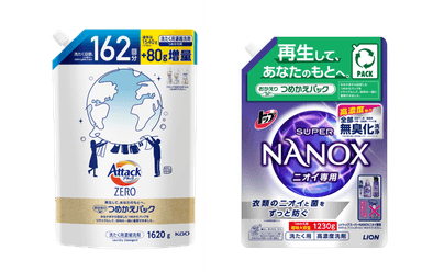 (左)アタックZEROつめかえ用　(右)トップ スーパーNANOX ニオイ専用 つめかえ用超特大