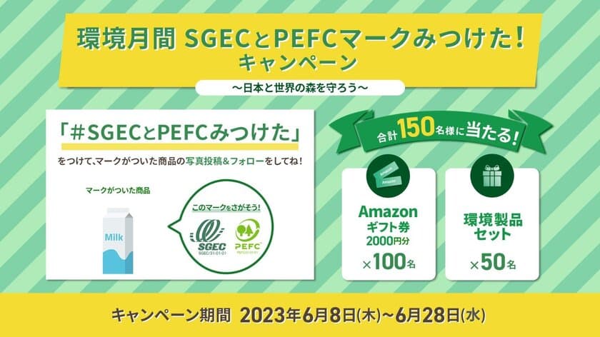 Amazonギフト券2,000円分と環境製品が合計150名様に当たる！
Twitter投稿キャンペーン「環境月間SGECとPEFCマーク
みつけた！～日本と世界の森を守ろう～」が開催