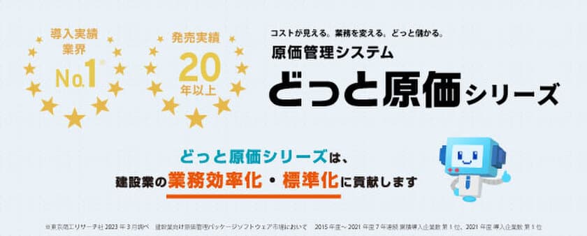 どっと原価シリーズ、建設業向け原価管理ソフト市場にて
7年連続 導入実績No.1＆2021年度 導入実績No.1を獲得！