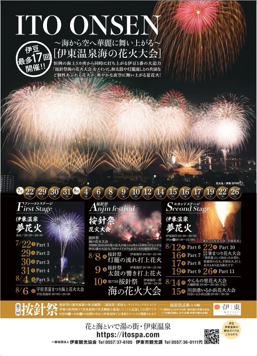 静岡県・伊東温泉海の花火大会が7月22日から
伊豆最多17回、最大4夜連続で開催！