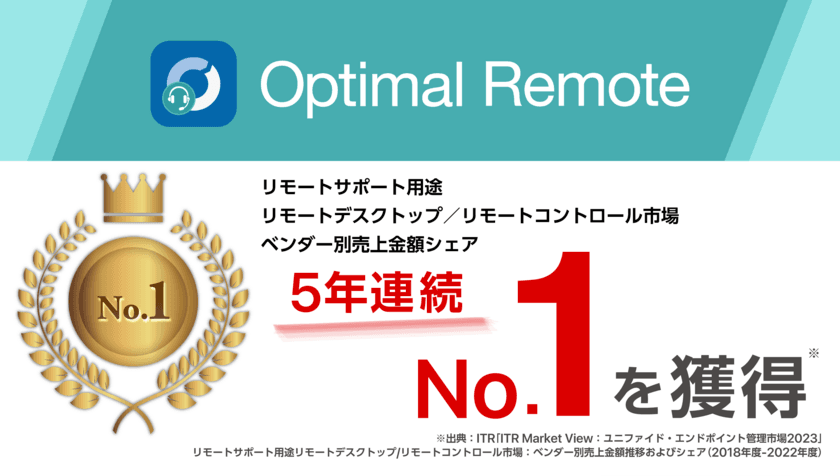 リモートサポートサービス「Optimal Remote」、
「リモートサポート用途リモートデスクトップ／
リモートコントロール市場」で
ベンダー別売上金額シェア5年連続No.1を獲得