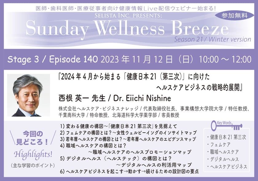 《医師・歯科医師・薬剤師向け》
無料オンラインセミナー11/12(日)朝10時開催　
『2024年4月から始まる「健康日本21(第三次)」に向けた
ヘルスケアビジネスの戦略的展開』
講師：西根 英一先生(株式会社ヘルスケア・ビジネスナレッジ／
代表取締役社長、事業構想大学院大学／特任教授)