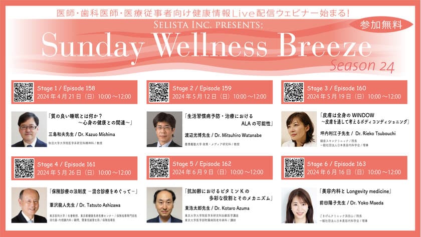 《医師・歯科医師・薬剤師・医療従事者向け
無料オンラインセミナー》
『Sunday Wellness Breeze Season 24』全6講演開催
	／セリスタ株式会社