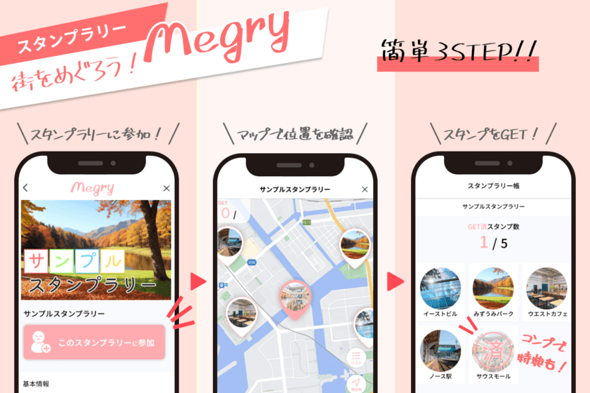 タップするだけ！
おでかけのテーマ探しや週末のひまつぶしがカンタンに　
スタンプラリー Megry　
2月22日からサービス開始