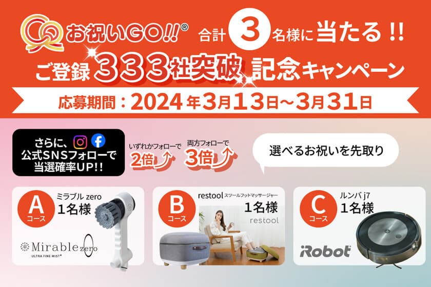 【会員登録社数333社突破記念】
企業の開業・移転祝いの
溢れて勿体ないお祝い花を○○に変えられる！
受け取り手が贈り物を選べるサービス「お祝いGO!!」
3/13よりプレゼントキャンペーンを開始