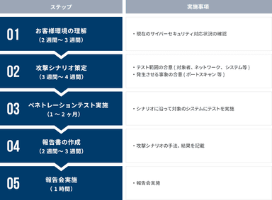 ペネトレーションテストサービスの支援範囲とステップ(例)