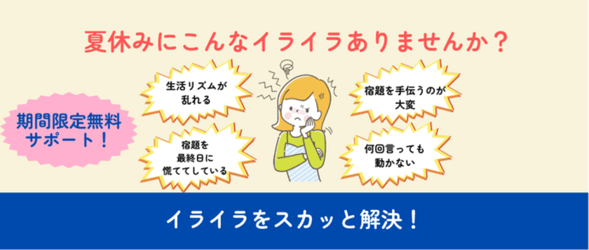 「“夏休み問題”スカッと解決！」生活リズムの乱れ防止と
宿題の無料サポートを夏休み期間(7月30日～8月31日)に実施