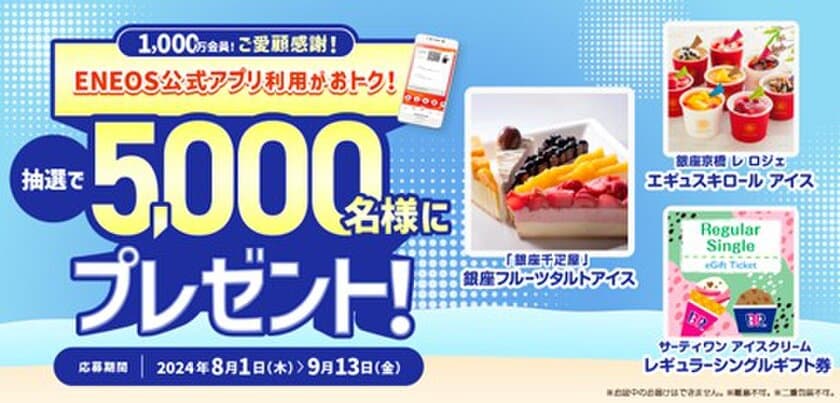 １，０００万会員感謝企画！暑い夏を爽やかに！アイスギフトが当たる！
「ＥＮＥＯＳ公式アプリを利用した給油で当たるキャンペーン」実施