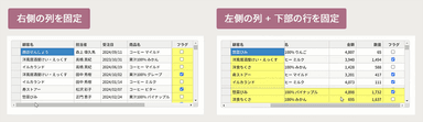 右側の列および下部の行の固定が可能に