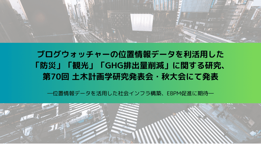 ブログウォッチャーの位置情報データを利活用した
「防災」「観光」「GHG排出量削減」に関する研究を
第70回 土木計画学研究発表会・秋大会にて発表