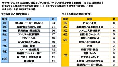 今年（2024年）の投資の損益をプラス着地/マイナス着地と予想する要因