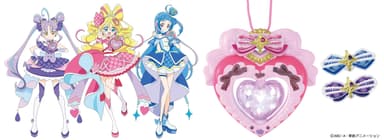 『キミとアイドルプリキュア♪』の主要キャラクター「キュアアイドル(中央)」「キュアウインク(右)」「キュアキュンキュン(左)」／「キミとアイドル変身・アイドルハートブローチスペシャルセット」